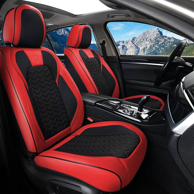 Coverado Car Seat Cover, Front Seat Cover, 2PCS Car Seat Protector, Seat Covers for Cars, Breathable Faux Leather Car Seat Cushion, Car Seat Protector, Red Car Seat Covers Winter Fit for Most Vehicles