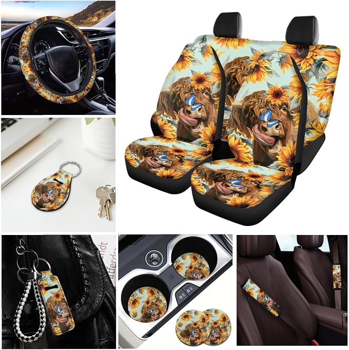 INSTANTARTS Sunflower Highland Cow Car Seat Cover Set 13PCS Car Accessories Front and Rear Seat Cover, Steering Wheel Cover, Seat Belt Cover, Coaster, Keychain, Lipstick Cover Blue Butterfly