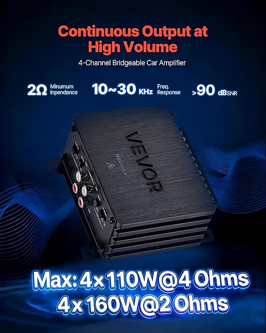 VEVOR 4 Channel Car Audio Amplifier 2 Ohm Stable Bridgeable Class D Full Range Amp Max Power 4 x 110W @ 4 Ohm / 4 x 160W @ 2 Ohm for Car SUV Truck Off-Road
