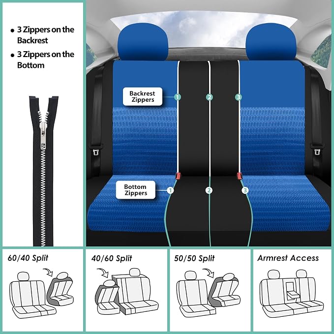 FH Group Car Seat Covers Trendy Elegance Three Row Car Seat Covers Set, Airbag Compatible and Split Ready, 7 Seater Covers-Universal Fit for Cars, Trucks & SUVs Blue/Black