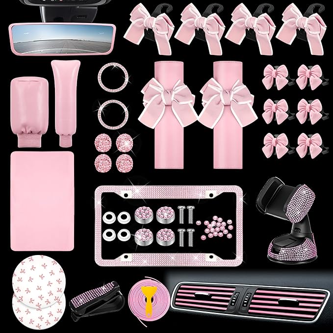 38 Pcs Pink Car Accessories Set for Women Bow Car Accessories Pink Seat Belt Cover Bow Hook Coaster Bling License Plate Decoration