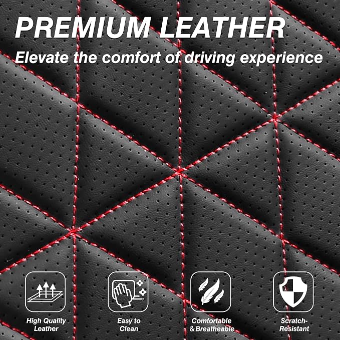Custom Napa Leather Seat Covers for Chevy Silverado & GMC Sierra Crew Cab, 46-Split Flat Rear Bench Design, Compatible with 2019-2026 1500 and 2020-2026 2500HD 3500HD(Full Set, Black&Red)