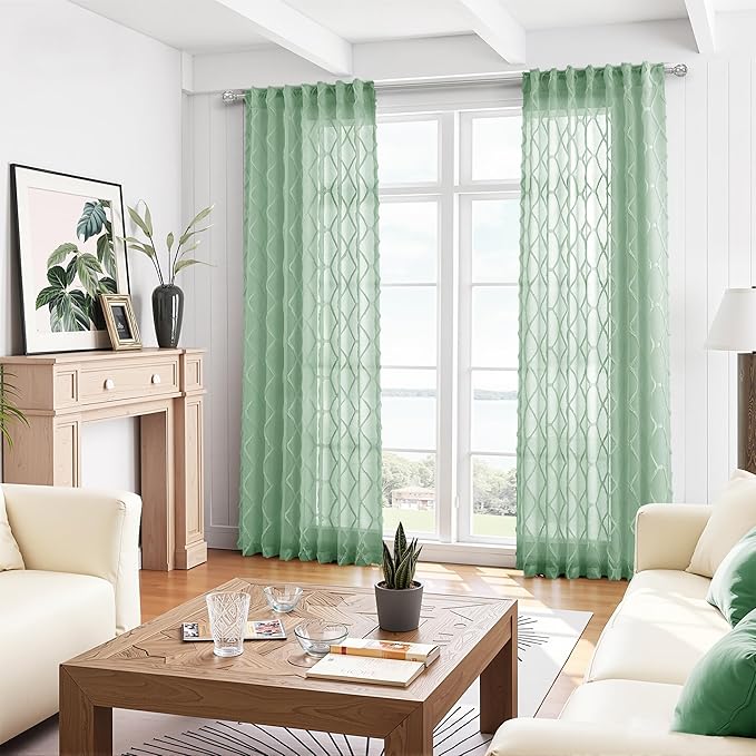 Aqua Green Sheer Curtains 96 Inches Long for Living Room 2 Panels Airy Privacy Soft Textured Diamond Patterned Drapes for Sliding Glass Door Back Tab Modern Vintage Rustic Curtain for Bedroom 52x96