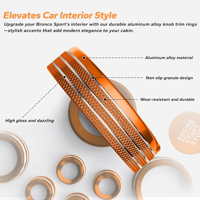 for 2025-2026 Ford Bronco Sport Accessories (Not for Bronco) 9PCS Aluminum Alloy Knob Cover Trim Set for Push Start, Volume, Air Vent Tabs, Headlight & Gear Shift Knob (Orange)