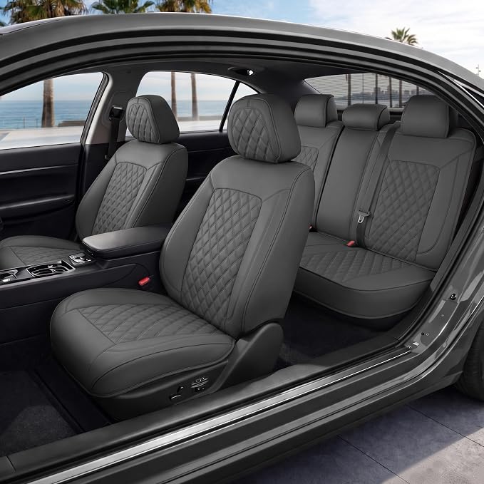 MotorBox Haven Series Napa Leather Seat Covers for Cars, Lux Edition Diamond Stitched Full Set Seat Covers, Premium PU Leatherette Gray Car Seat Covers for Cars Trucks SUVs