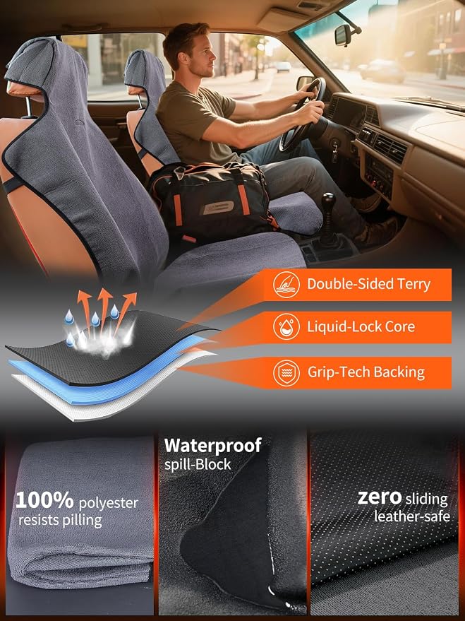 Car Seat Towel Cover Front & Rear Set, Waterproof Sweatproof Non-Slip Seat Protectors – Dual-Layer Microfiber Terry – Universal Fit for Cars, Trucks, SUVs – Embroidered Design (Gray, 3-Pack)