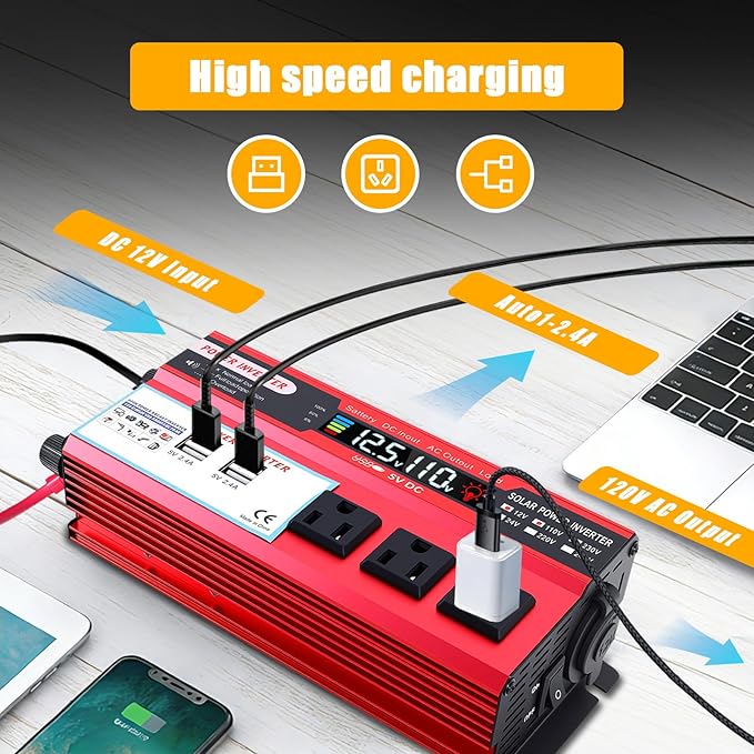 ALSO GO 1000W Power Inverter 12V DC Volt to 110V AC Car Inverter with LCD Screen Display, 3 AC Outlets, 4X 2.4A USB Port, Car Power Converter for Truck, Home, Vehicles, Laptop, Trip