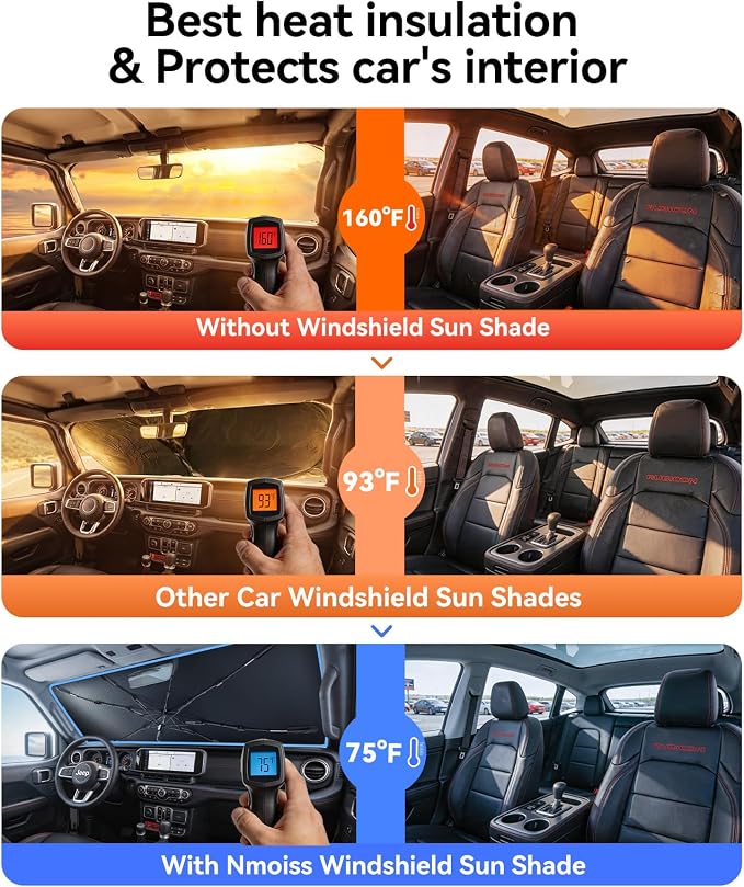 Nmoiss [Vinyl Coating Heat Shield] Windshield Sun Shade Umbrella for All Jeep Wrangler & Gladiator Accessories, Protect Car Interior from Sun Rays & Heat Damage Keep Cool