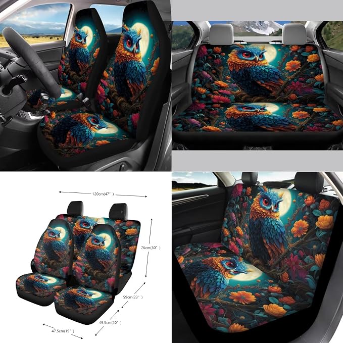 Owl Moon Print Auto Seat Covers Full Set for Women Dust-Proof Decorative Car Seat Cover for Front Back Seats with Steering Wheel Protector Safety Belt Pads etc