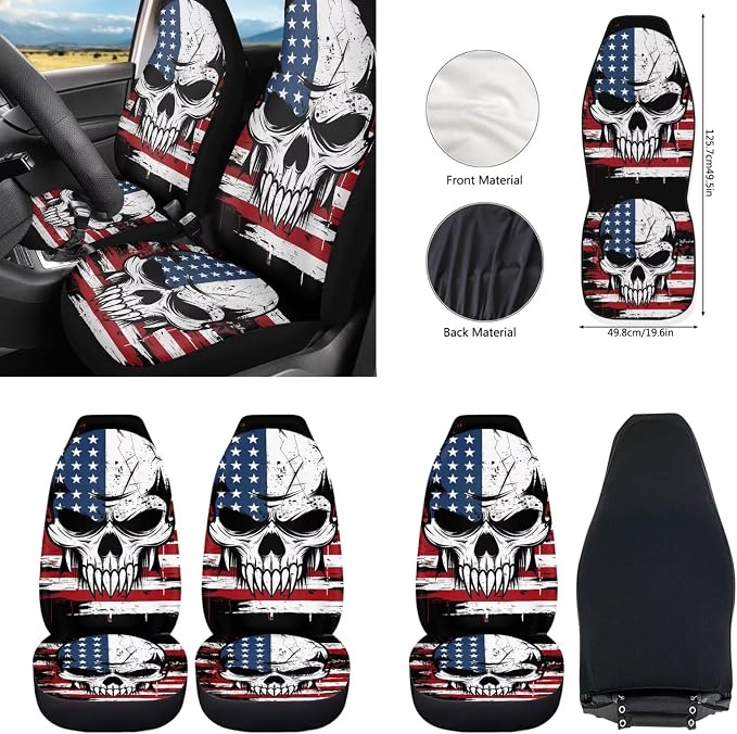 Howilath USA Flag Skull Car Front Seat Cover with Interior Accessories Center Console Cover+Steering Wheel Cover+Seatbelt Pads+Keychain+Coasters Set of 10 Fit Sedan Truck Van