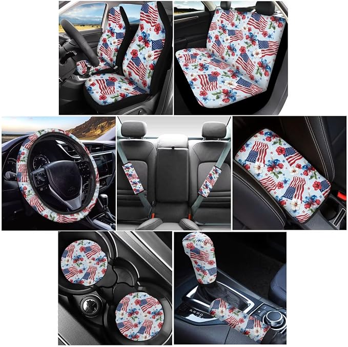 Wanyint Car Seat Cover Set 12 PCS, with Steering Wheel Cover Seat Belt Armrest Handbrake Gear Shift Knob Cover Set Coasters 4th of July Patriotic Decor Auto Accessories, American Flag Hibiscus Blue