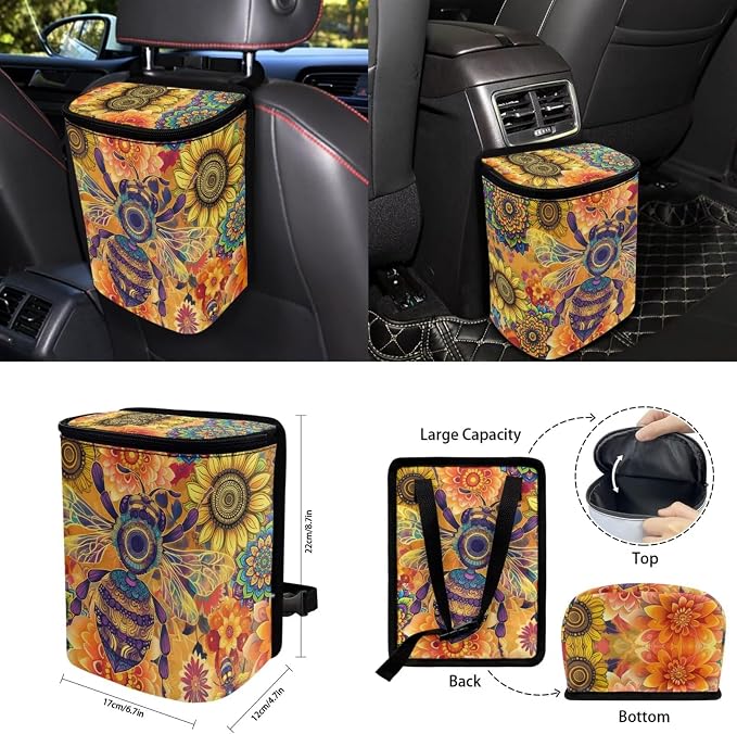 Boho Floral Bee Auto Interior Accessories Car Seat Covers with Auto Steering Wheel Cover Seat Belt Covers Car Trash Can View Mirror Cover Coaster Keychains