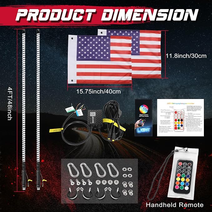 OFFROADTOWN 2PCS 4FT COB LED Whip Lights Bluetooth APP Remote Control RGB Lighted Whips Turn Signal Light Chasing Warning Light Antenna Spiral LED Whips for UTV SXS Polaris RZR Can-Am ATV Truck