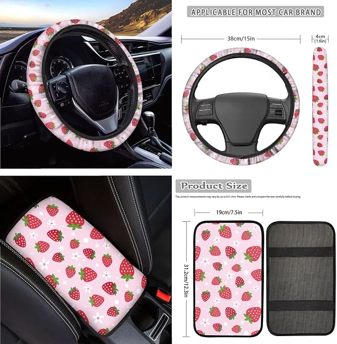 Strawberry Floral Print Car Seat Covers Set Includes Front Rear Seat Covers Headrest Protectors Steering Wheel Cover Seatbelt Pads Center Console Pad, 18Pcs Car Interior Decor
