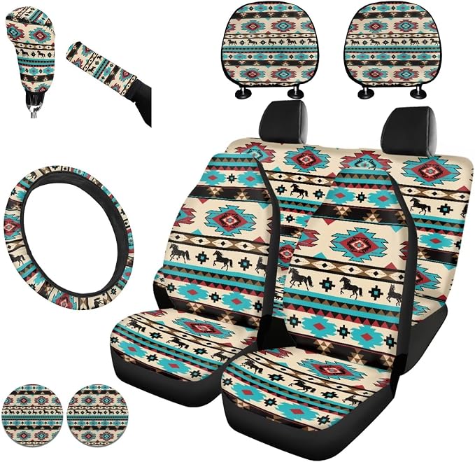 KEIAHUAN Tribal Aztec Horse 11 Piecce Car Seat Cover Full Set Front and Rear Split Bench Auto Seat Covers Handbrake Cover &Gear Shift Knob Cover Headrest Cover Coasters Women Men