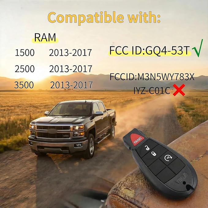 Simple Sync DIY Remote Key Fob Replacement Kit Compatible with Dodge Ram 1500 2500 3500 (2013-2017) - FCC ID: GQ4-53T, Includes 3 & 4-Button Pads, No Pro Tools Require