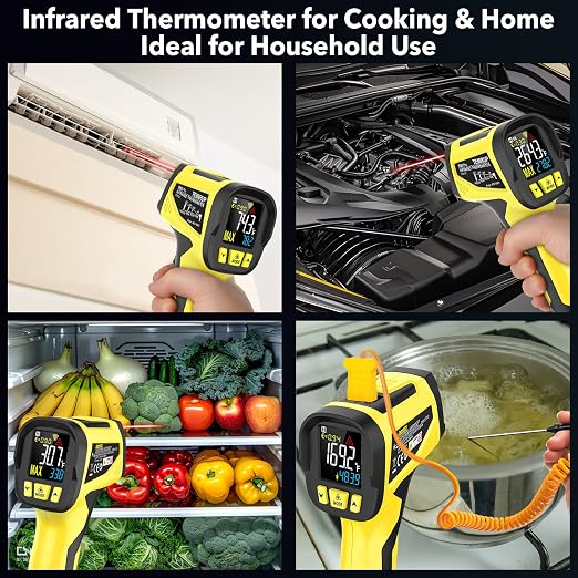 Infrared Thermometer Gun, TEMIRUP Digital Laser Thermometrer Temperature Gun with Probe, -40°F to 1472°F, IR Temp Gun with Color LCD for Cooking, Pizza Oven, Griddle Grill, Adjustable Emissivity