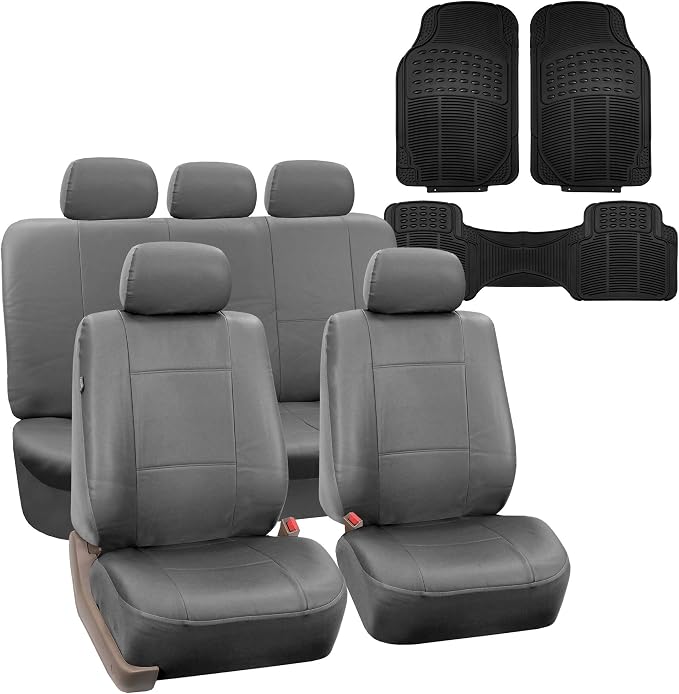 FH Group Car Seat Cover Airbag Compatible Full Set Gray Premium PU Leather - Split Bench Combo Vinyl Floor Mats Seat Covers Interior Accessories Universal Fit for Cars Trucks SUV