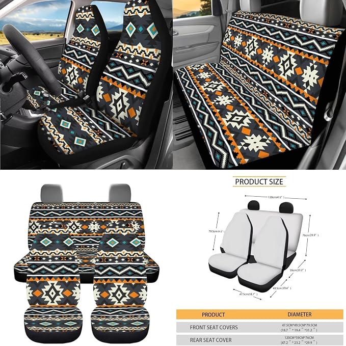 Dreaweet Tribal Car Seat Covers Full Set Geometric Pattern Front and Back Seat Covers with Steering Wheel Cover Seat Belt Pads Coasters Trash Bag Rear View Mirror Cover Keychain 15 Pcs Universal Fit