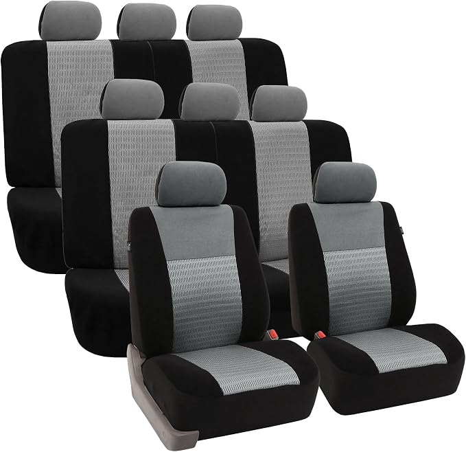 FH Group Car Seat Covers Trendy Elegance Three Row Car Seat Covers Set, Airbag Compatible and Split Ready, 8 Seater Covers-Universal Fit for Cars, Trucks & SUVs Gray/Black
