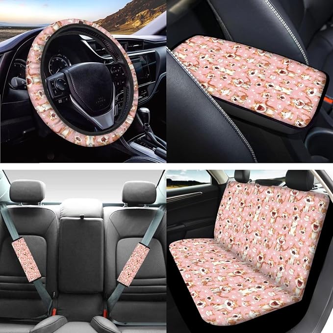 Mumeson Cute Cats Womens Car Accessories Decor Set Car Seat Covers Set with Steering Wheel Cover/Seat Belt Shoulder Pads/Armrest Cushion for Car Auto Interior Decor