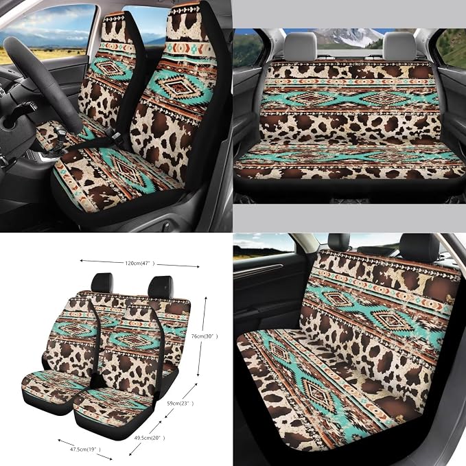 Aztec Tribal Geometric Brown Cow Print 15 PCS Auto Interior Sets Front Rear Seat Covers for Cars Steering Wheel Cover Seatbelt Cushion Air Vent Storage Bag Trash Bin Coasters Keychain