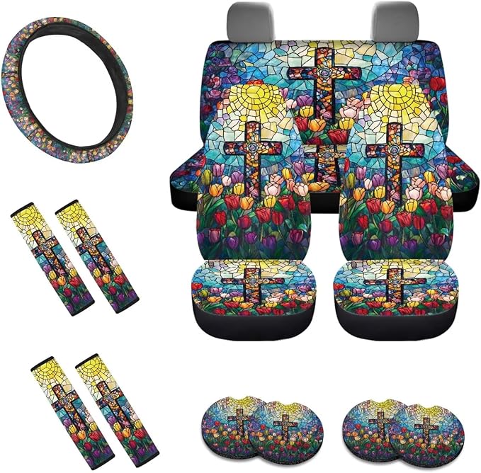 Stained Glass Cross Tulip Pattern Car Accessories Pack of 13, Auto Front and Rear Seat Cover Full Set, 1 Steering Wheel Cover, 4 Seat Belt Cover, 4 Cup Holder Coasters Universal Fit