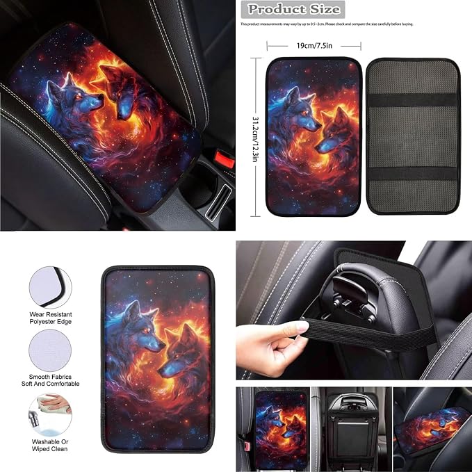 Flame Wolf Car Seat Covers Full Set, Car Steering Wheel Cover, Auto Center Console Pad, Auto Seat Belt Pads, Cool Automotive Interior Accessories Set of 8