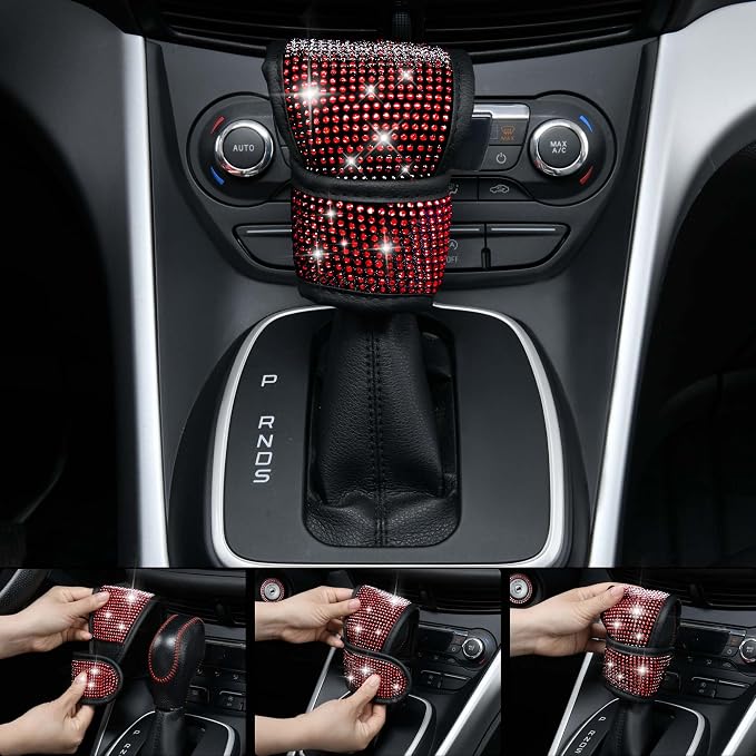 CAR PASS Diamond Bling Leather Seat Covers Set Car Floor Mats Glitter Rhinestone Steering Wheel and Car Interior Accessory Set for Women Red