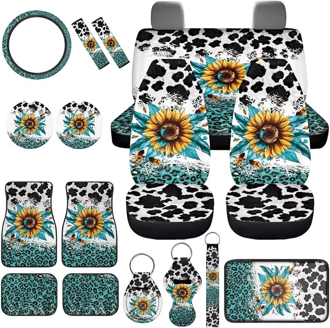 Cow Print Car Accessories Full Set for Women Man,17Pcs Sunflower Car Seat Covers Sets with Front and Split Rear Bench,Auto Front Rear Foot Carpet,Auto Seat Belt Cover,Cup Mats,Universal Fit