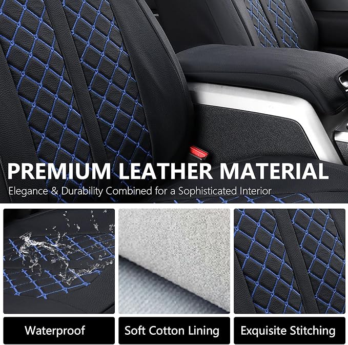 Truckiipa Leather Ford F150 Seat Covers Full Set, Waterproof Custom Automotive Seat Covers Fit for 2015-2026 Ford F150 SuperCrew, 2017-2026 F250 F350 F450 Super Duty Crew Cab, Full Set, Black&Blue
