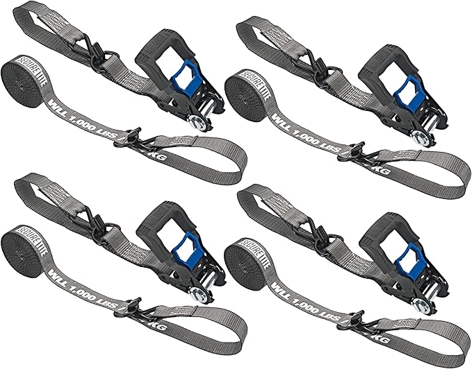 Secure Tite Ratchet Straps 4 Pack, Ratcheting Tie Down Straps with Hooks - 1-1/4” x 16’ Truck Tie Down Straps – Vinyl Double J-Hooks, 1000 lbs. Working Load Limit, 3000 lbs. Break Strength