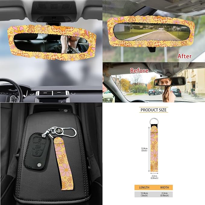 Hippie Flower Print 15 PCS Car Front Back Seat Cover Full Set, Seat Belt Strap Pad Steering Wheel Covers Air Vent Storage Bag Cup Holder Rear View Mirror Cover Key Chain Auto Decor
