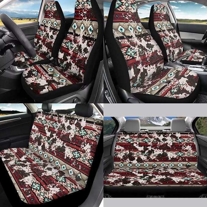 Retro Cow Print Automobile Seat Cover Sets 12 Pack Car Seat Belt Pad Cover Steering Wheel Cover Arm Rest Cover Car Interior Automotive Universal Fit Most Vehicles Cars SUV
