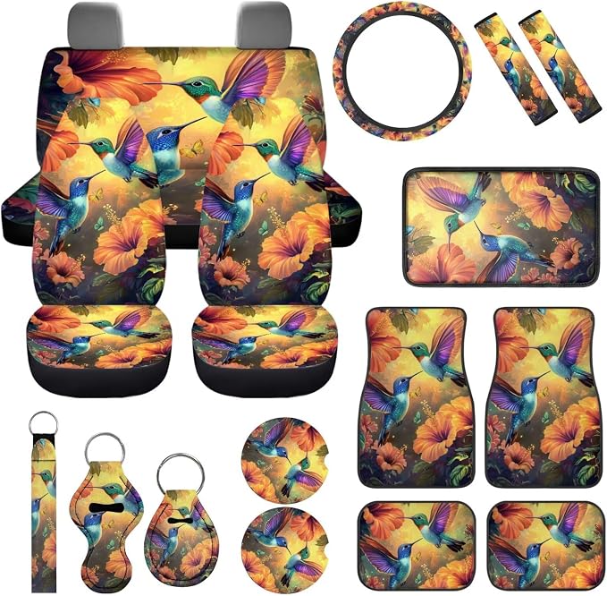 Hummingbird Flowers Car Seat Cover Set 17 Pack Hummingbird Car Interior Accessories Full Set with Seat Belt Shoulder Pad Car Arm Rest Cover Pad Universal Automotive Carpet Floor Mats Set of 4