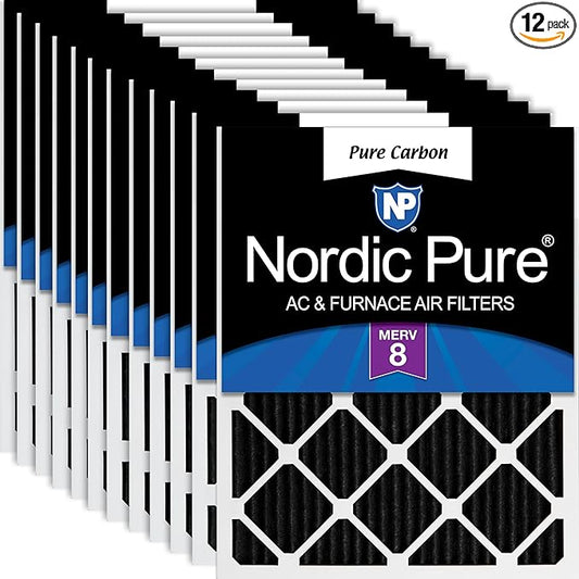 Nordic Pure 10x20x1 (Actual Size: 9 1/2 x 19 1/2 x 3/4) Pure Carbon Pleated Odor Reduction Furnace Air Filters 12 Pack