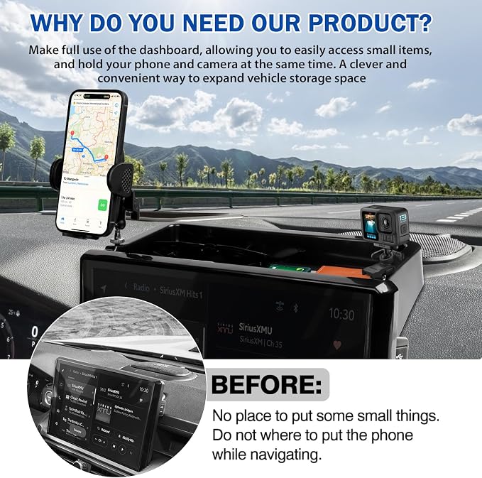 Autorder Car Phone Holder for Toyota Tacoma 2024-2025 2026/4Runner 2025-2026 Accessories Center Console Dash Organizer with 2 Expansion Ports Hands-Free 360 Degree Rotation Phone Mount(14'' Screen)