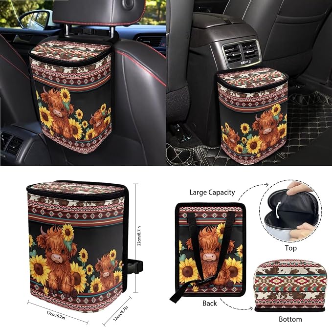 Aztec Highland Cattle Sunflower 15 PCS Car Seat Cover Full Set, with Steering Wheel Cover Seat Belt Strap Trash Cans Rear View Mirror Cover Coaster Air Vent Storage Bag Universal Fit