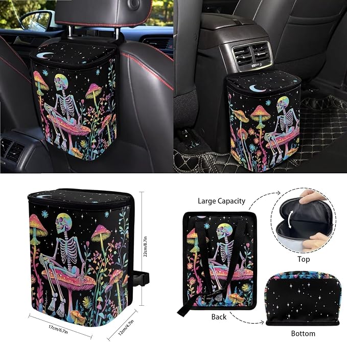 Skull Colorful Mushroom Car Seat Covers 15Pcs Full Set Car Steering Wheel Cover Seat Belt Cover Trash Bin Air Vent Storage Box Rear View Mirror Car Cup Holder Keychain