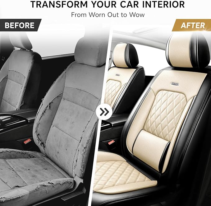Fit Edge Car Seat Covers for Ford Edge 2007-2025 2026 - Luxury Leather, Anti-Slip, All-Weather Seat Cushions, Waterproof & Breathable, Airbag Compatible, Full 5-Seat Set (Beige)
