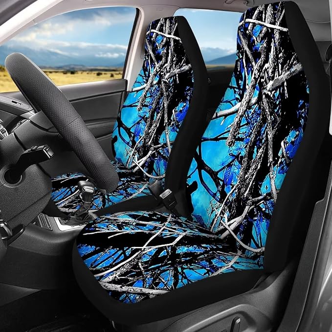 Blue Camo Oak Hunting 12Pc Car Seat Covers Full Set/Steering Wheel Covers/Seat Belt Pads/Key Chain/Coaster/Lipstick Holder Universal Auto Accessories Interior Protector Universal Fit