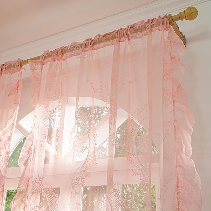 Sutuo Home Pink Lace Curtains 96 Inches Long 2 Set, Sheer Panels Rose Floral Embroidery Ruffled Vintage Voile Window Treatment Pair for Girl's Bedroom Living Room, Rod Pocket, W57 x L96
