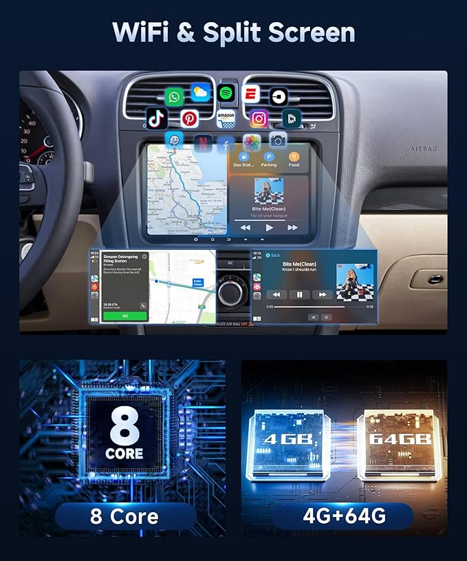 4+64G Android Car Radio Stereo with Wireless Carplay for VW Passat Tiguan Golf MK5 MK6 Jetta Skoda Seat Polo 9 Inch Capacitive Touch Screen Android Auto GPS Navigation Bluetooth FM GPS Radio