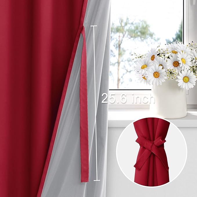XWZO 100% Blackout Window Curtains - Thermal Insulated & Noise Reduction Black Liner Window Treatment Sewn with Tiebacks for Bedroom/Living Room, Christmas Red, W52 x L84, Set of 2 Panels
