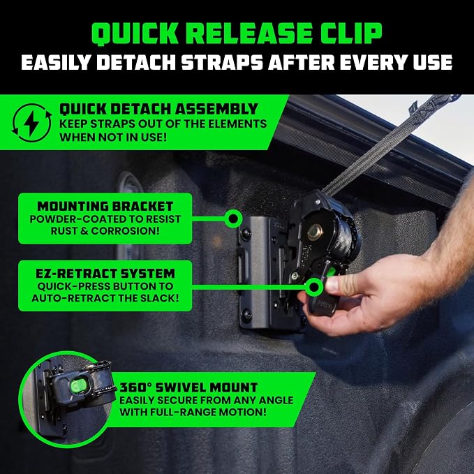 Ford Only – Rhino USA Integrated Cargo Magic Bed-Mounted Retractable Ratchet Straps (2PK) for Ford F150 (2015+) & F250 (2017+) – BoxLink Compatible, 360° Swivel, Heavy-Duty Tie Downs
