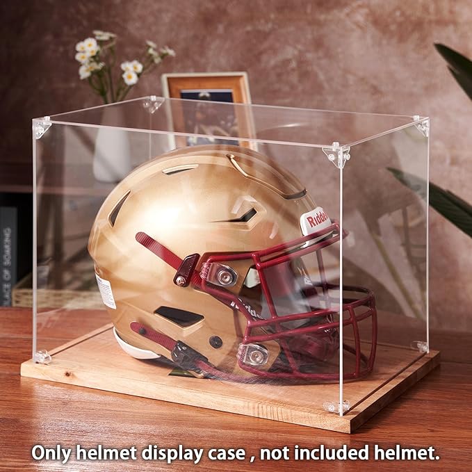 LITY Football Helmet Display Case, Full Size Acrylic Showcase with Solid Wood Base, UV and Dust Protection, Collectibles Box for Sports Memorabilia, for Sports Collectors