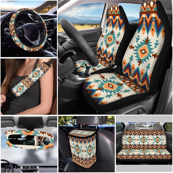 Ethnic Tribes Car Seat Covers Set 12 Pcs Steering Wheel Cover Seat Belt Cover Car Trash Can Rear View Mirror Cover Cup Coasters Keychain Holder Keychains