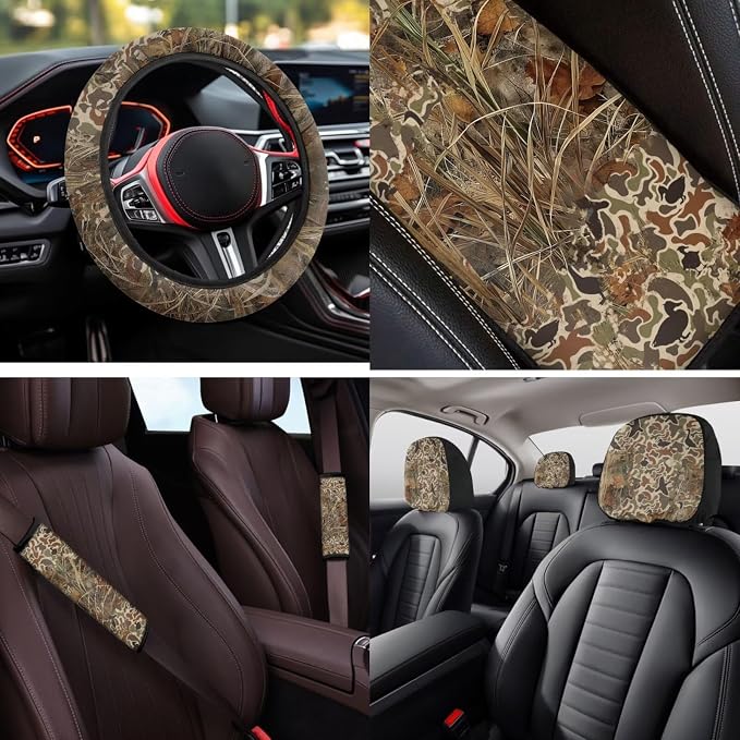 Bulopur Duck Hunting Camo Car Seat Covers Full Set with Matching Car Steering Wheel Cover Washable Armrest Cushion Pad Removable Seat Headrest Cover 14 Pack Auto Interior Decor Set