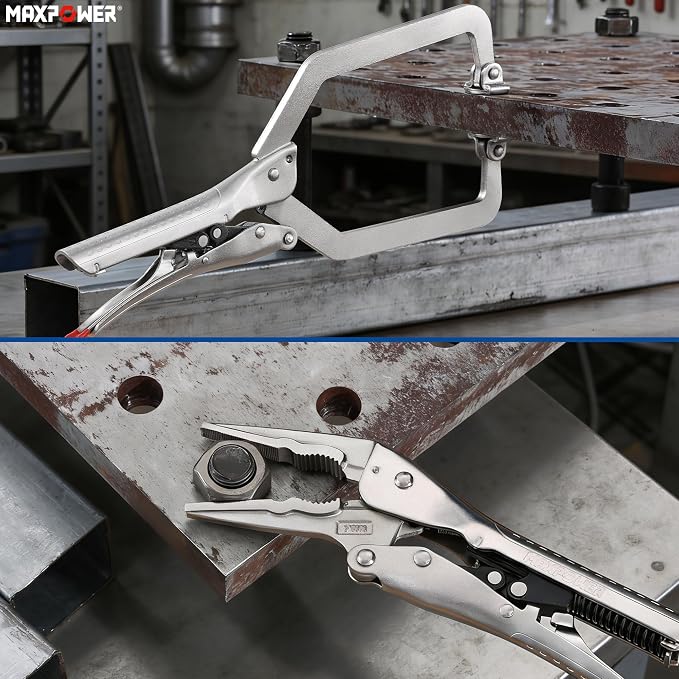 MAXPOWER 2 Pieces Self-adjusting Locking Pliers Clamp Set, 7 inch Long Nose Pliers, 10.5 inch Locking C Clamp