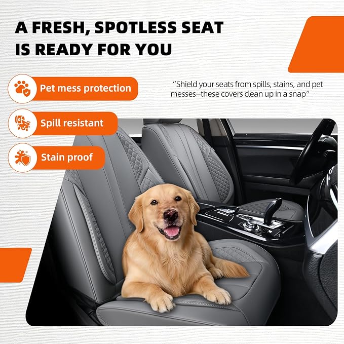 2-Seater Car Seat Covers Full Set Waterproof and Breathable Nappa Leather, Fit for Front Seats of Cars, Compatible with Airbags, Car Seat Protector Covers for Most Cars - Grey